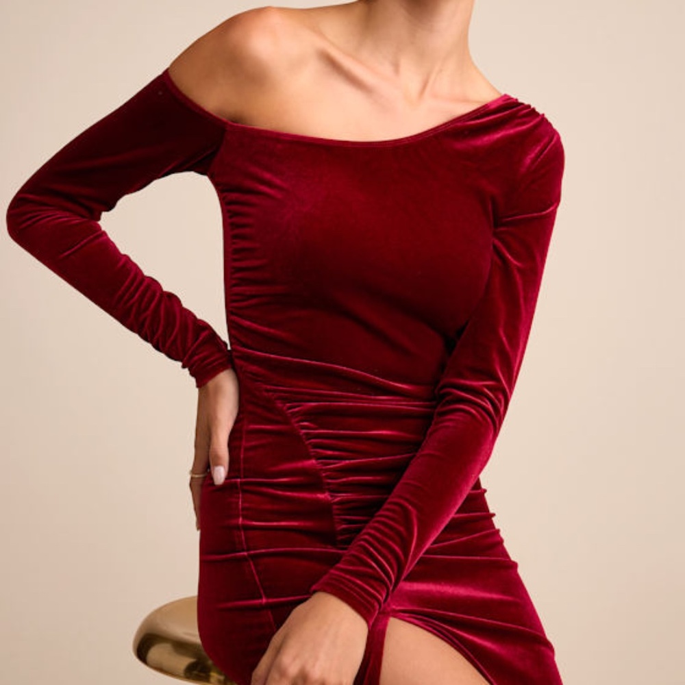 Lulus Notorious Icon Wine Red Velvet Asymmetrical Maxi Dress - Size S